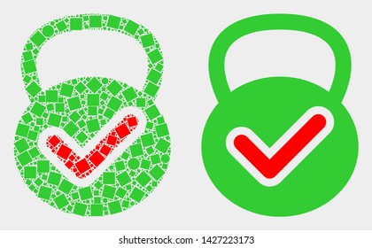 Pixel and flat valid weight icons. Vector mosaic of valid weight composed of scattered square particles and circle elements.
