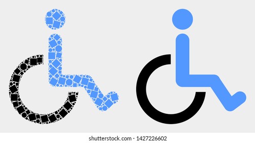 Pixel and flat wheelchair icons. Vector mosaic of wheelchair designed of irregular dots and circle dots.