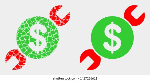Pixel and flat wrench repair price icons. Vector mosaic of wrench repair price composed of irregular square elements and circle pixels.