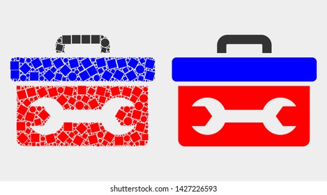 Pixel and flat wrench toolbox icons. Vector mosaic of wrench toolbox created of random dots and round dots.
