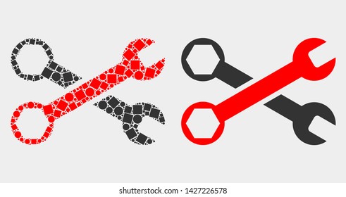 Pixel and flat wrenches icons. Vector mosaic of wrenches designed of random dots and circle dots.