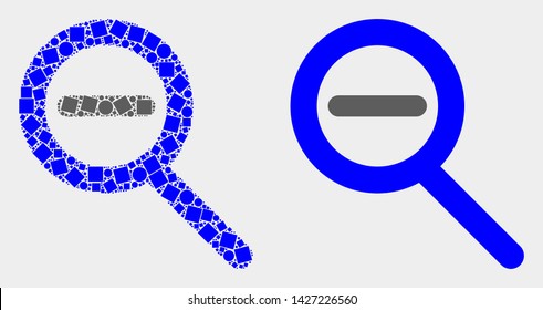 Pixel and flat zoom out icons. Vector mosaic of zoom out created of random square particles and round dots.