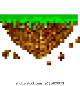 Pixel floating island vector with grassy top and earthy blocky base in retro game style. Ideal for 8-bit game scenes, fantasy level design, digital terrain, or voxel environment illustration.