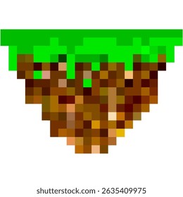 Pixel floating island vector with grassy top and earthy blocky base in retro game style. Ideal for 8-bit game scenes, fantasy level design, digital terrain, or voxel environment illustration.