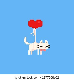 Pixel floating white cat with red heart balloon.Valentine's day.8bit.