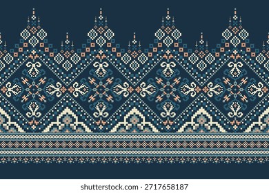 Pixel Blumenmuster auf dunkelblauem Hintergrund, Vektorgrafik, Geometrisches ethnisches orientalisches Muster traditionell, abstrakter Hintergrund, florales Kreuzstichmuster. Design für Textur, Stoff, Kleidung, Druck.