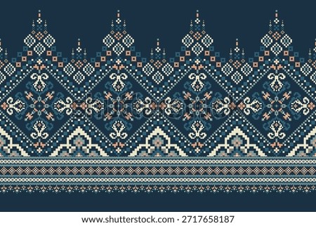 Pixel floral pattern on dark blue background vector illustration,Geometric ethnic oriental pattern traditional,abstract background,floral cross stitch pattern.design for texture,fabric,clothing,print