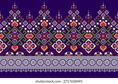 Padrão floral pixel na ilustração de vetor de fundo roxo,Padrão oriental étnico geométrico tradicional,fundo abstrato,padrão de ponto transversal floral.design para textura,tecido,roupas,impressão.