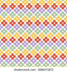 Pixel flower art seamless repeat pattern. Retro, 70s geometrical shape ditsy daisy all over surface print background.