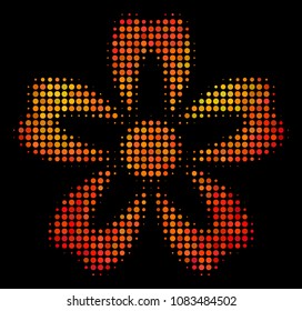 Pixel flower icon. Bright pictogram in hot color hues on a black background. Vector halftone pattern of flower pictogram constructed of spheric elements.