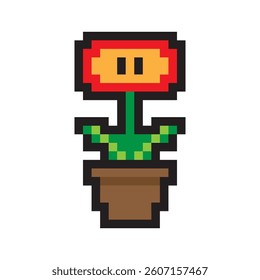 Pixel flower icon. Retro floral symbol. Vector potted shape. Bright red bloom.