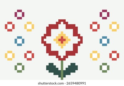 Pixel flower pattern with colorful geometric design for fabric or illustration.