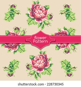 Pixel Flower Patterns Ornament. Vector illustration. Colorful Floral banner background with place for your text.