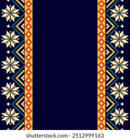 pixel flower seamless pattern Cross Stitch. 
 Pixel Horizontal Seamless Vector. Design for Clothing, batik, Ikkat,  fabric, Knitwear, Embroidery, Pixel pattern.  