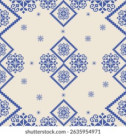 Pixel flower seamless pattern with snowflakes.Design style that draws inspiration from digital graphics, 8-bit video games, and computer art.