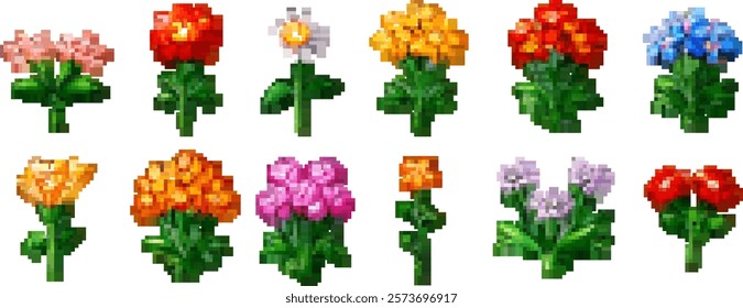 Pixel flower set in vector art style. Abstract floral icons with spring and summer patterns. Cute garden elements, leaves, and wildflowers for trendy design.