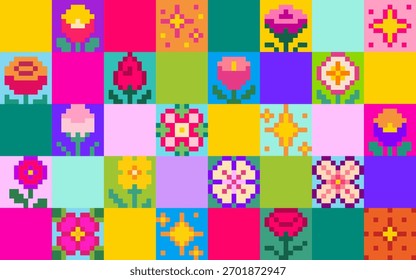 Mosaico de flor de píxel y2k con patrón de azulejos y rejilla sin costuras. Coloridos iconos de juego de 8 bits de la planta de primavera florece en una vibrante estética de juego retro para proyectos digitales nostálgicos o textiles decorativos.