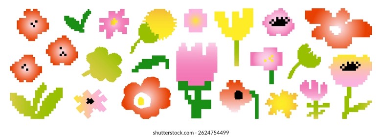 Pixel flowers graphic shape asset. Bright color gradient. Trendy elements for poster, collage, design template. Vector isolated illustration. 