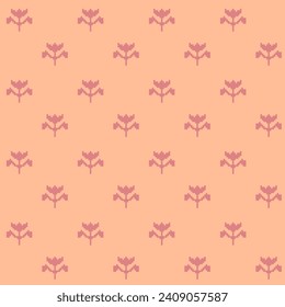 Pixel flowers and leaves, stem and twigs botany design. Floral composition, simple ornament with branches and blossom. Seamless pattern, pixelated wallpaper or print background. Vector in flat style