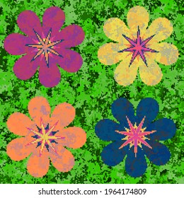 Pixel flowers on a green background. Seamless pattern.