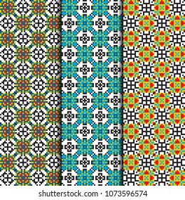 Pixel flowers. Set of 3 seamless patterns striped design. Gingham textile prints. Vector fashion backgrounds.