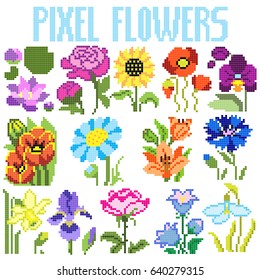 Pixel flowers set, vector illustration