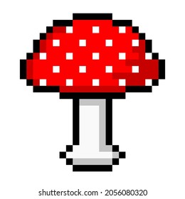 Pixel fly agaric icon. Toxic mushroom with red cap in white dots. Hallucinogenic plant for 8bit games and design. Colorful spotted symbol of natural vector forest