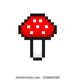 Pixel fly-agaric mushroom icon. 8 bit amanita symbol for video game. Vector illustration isolated on white background.	