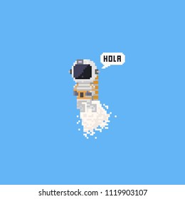 Pixel flying astronaut saying hola.8bit character.