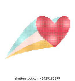 Pixel flying heart. dot pixel. Valentines theme Retro style. Perfect For Poster, Card, Invitation, Tshirt Print or Valentines Day Greeting Card. Vector illustration