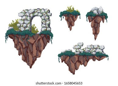 Pixel flying islands. Set of different flying island with ruins, stones and shrubs. For games and mobile applications.