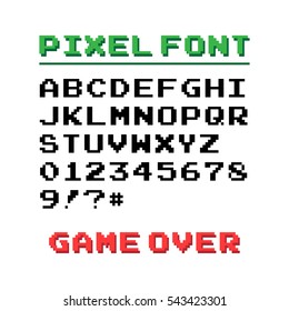 Pixel font with 39 symbols and text game over - isolated vector illustration