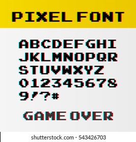 Pixel font with 39 symbols and text game over - isolated vector illustration 