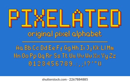 Pixel font. 3d pixel art retro alphabet in old video games style. Vintage pixelated typeface design with stylized uppercase and lowercase letters and numbers. Vector.
