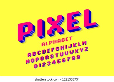 Pixel font, 3d retro video game style alphabet letters and numbers vector illustration