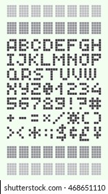 Pixel font in 4x5 pixel grid, numbers and letters. - Stock vector