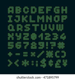 Pixel font in 4x5 pixel grid, numbers and letters. - Stock vector