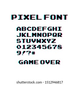 Pixel font 8-bit with 39 symbols and text game over - isolated vector illustration