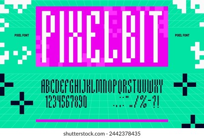 Pixel font, 8bit game geometric alphabet, digital typeface, binary type square-shaped characters in style of low-resolution display. Letters, numbers and signs constructed with a grid of blocky pixels