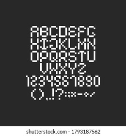 Pixel font 8-bit style with numbers and special symbols, square and rectangular pixels shape, 80s 90s retro game or app type
