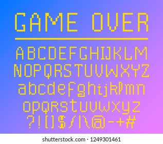 Pixel font. 8-bit symbols. Digital video game style. letters and numbers. Vintage retro typeface abc. Error Computer Video. Color Abstract Damage. Futuristic design. Vector Alphabet.