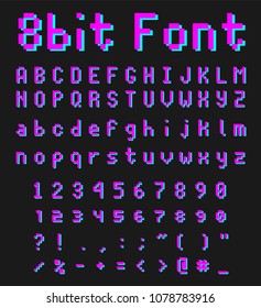 pixel font alphabet, letters and numbers, retro videgame type