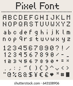 pixel font alphabet, letters and numbers, retro videgame type