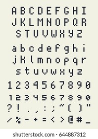 pixel font alphabet, letters and numbers, retro videgame type