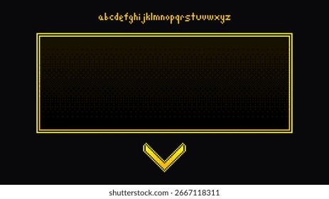 Alfabeto de Fonte Pixel com Quadro de Texto e Seta para Baixo no Plano de Fundo Escuro