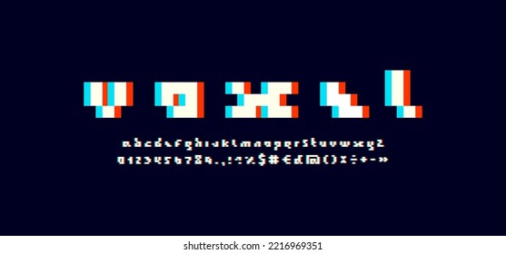 Alfabeto o tipo de letra de píxel, letras y números establecidos en estilo de parpadeo, ilustración vectorial 10eps
