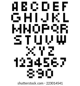 Pixel Font - Alphabets and numerals characters in retro square design.