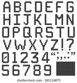 Pixel Font - Alphabets, numerals and punctuation characters in retro square pixel font. Isolated and contains spare pixels. Image ID: 185252162 has the lower case alphabets.