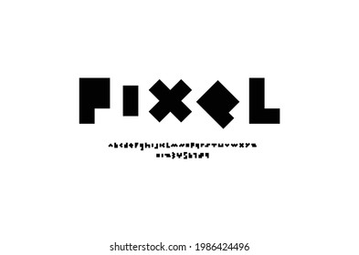 Pixel font in the black color, trendy simple alphabet, bold letters and numbers made in mosaic style, vector illustration 10eps