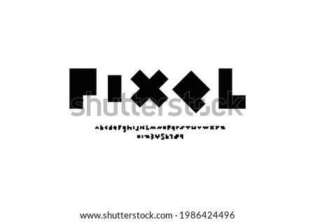 Pixel font in the black color, trendy simple alphabet, bold letters and numbers made in mosaic style, vector illustration 10eps